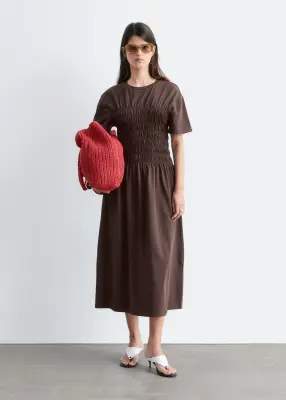 Robe midi à smocks - Marron foncé — photo 1