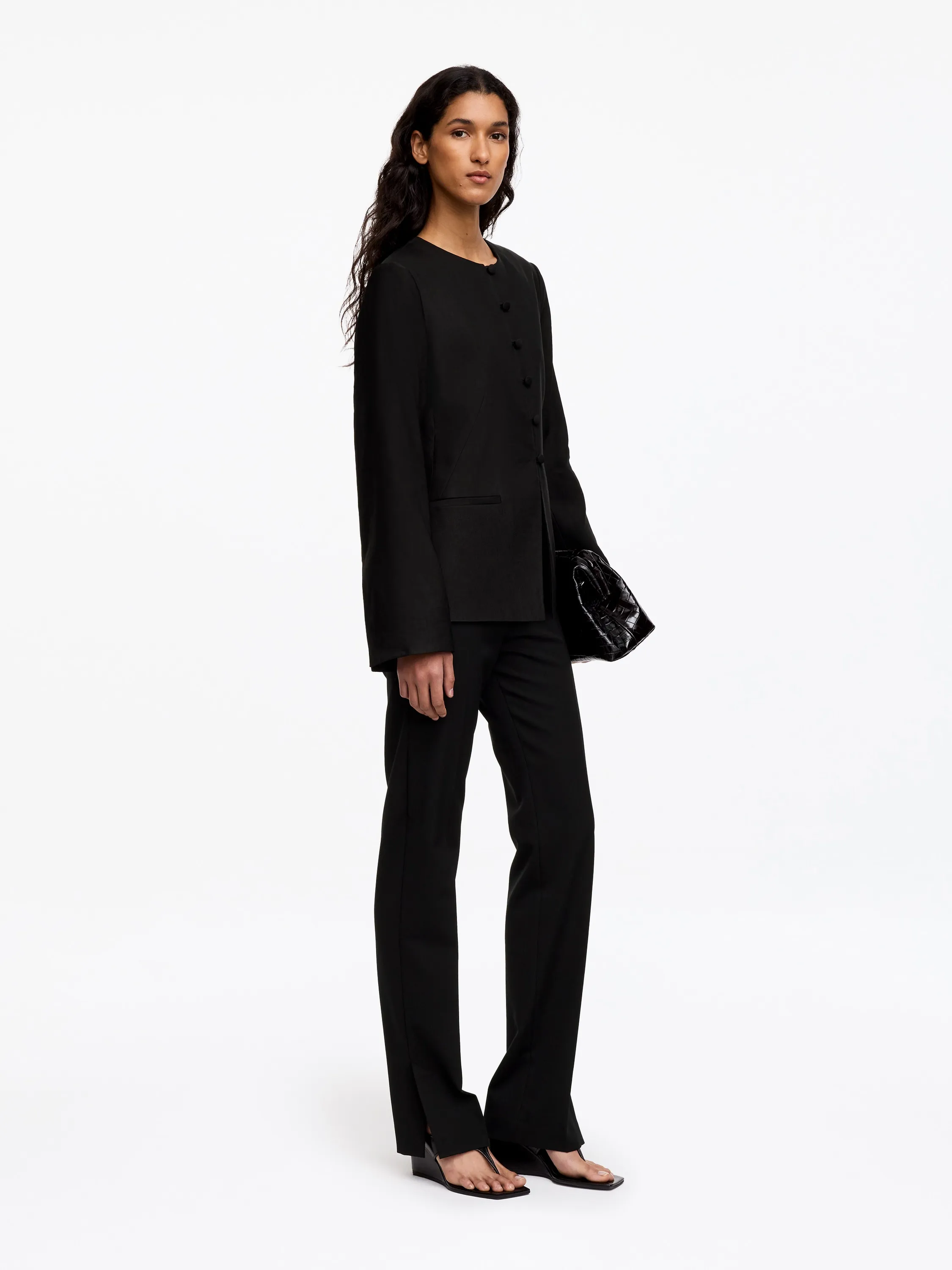 Blazer sans col en lin mélangé - Noir