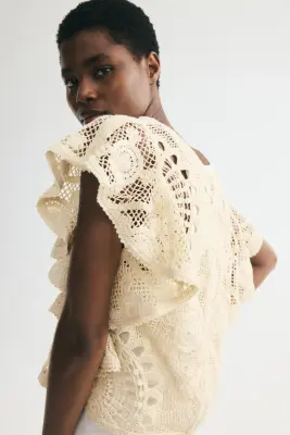 Top façon crochet avec manches volantées - Beige — photo 3