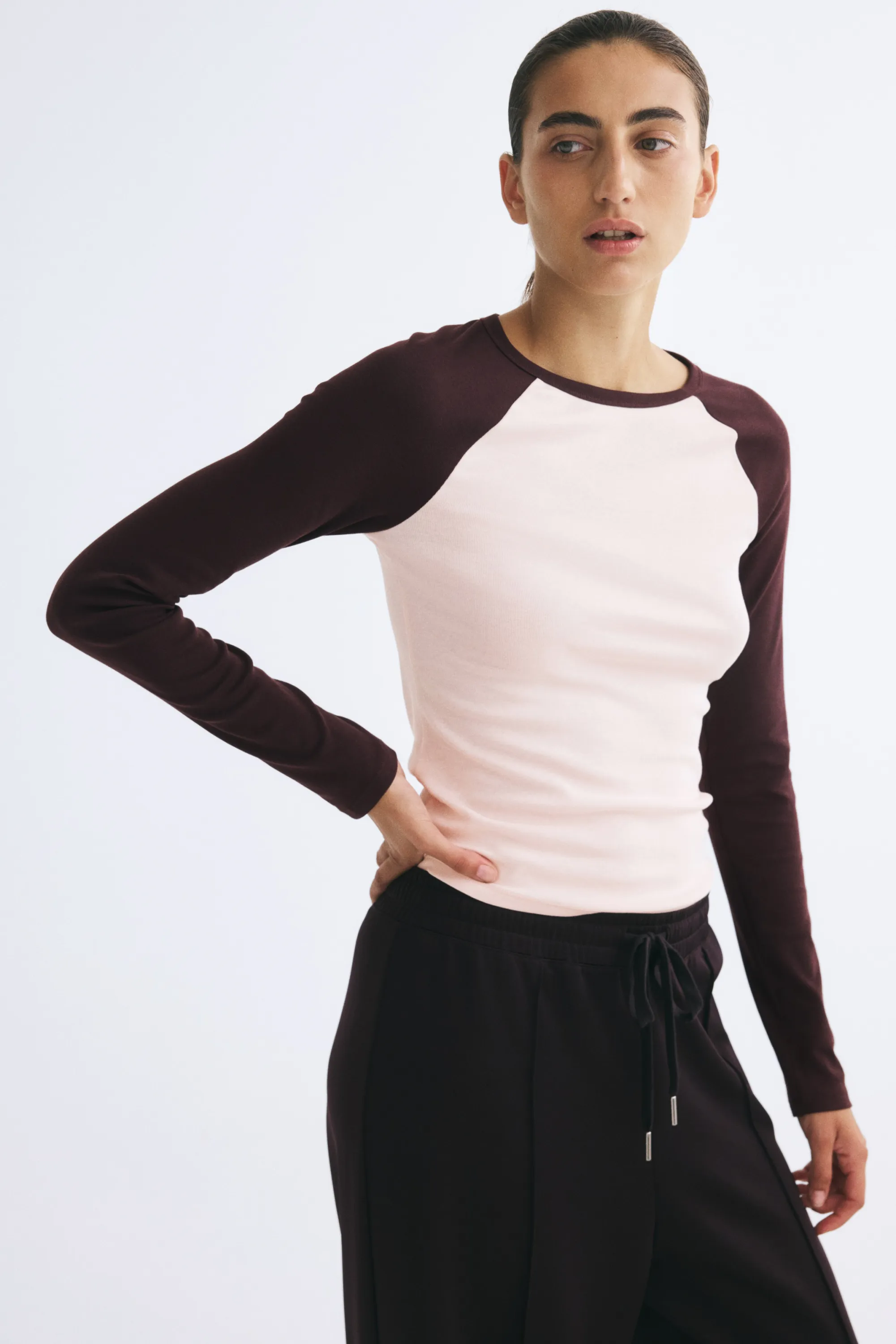Raglan-sleeved cotton top - Rose pâle/color block