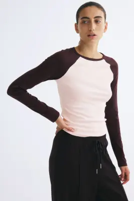 Raglan-sleeved cotton top - Rose pâle/color block — photo 1
