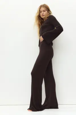 Pantalon évasé en maille côtelée de lin mélangé - Marron foncé — photo 2
