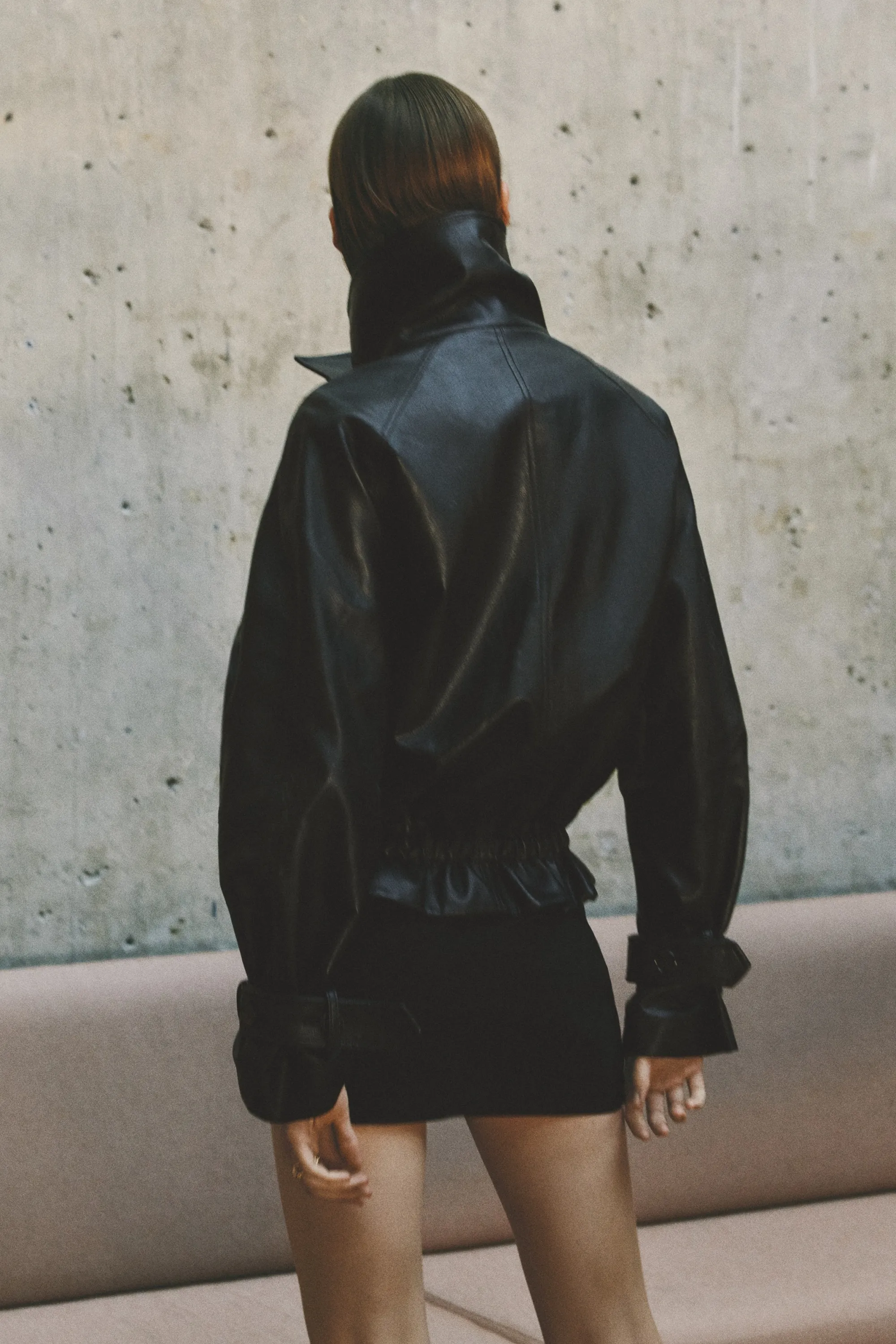 Veste à col entonnoir en tissu enduit - Noir