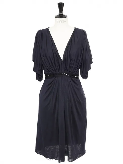 Robe de cocktail drapée en soie et laine gris bleu, ceinture cristal Prix boutique 2000€ Taille 38
