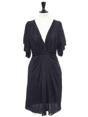 Robe de cocktail drapée en soie et laine gris bleu, ceinture cristal Prix boutique 2000€ Taille 38 — photo 1