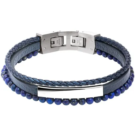 ROCHET - Bracelet Yale acier et cuir plat bleu 5mm, cuir tressé bleu 3mm HB6612