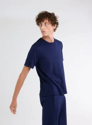 T-shirt Bleu Col Rond Manches Courtes en Coton Organique — photo 4