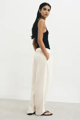 Pantalon en lin mélangé avec ceinture repliée - Crème — photo 2