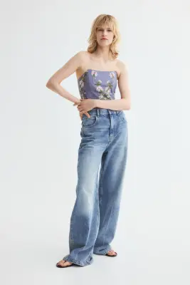 Top corset brodé en lin mélangé - Bleu ancien/fleurs — photo 2