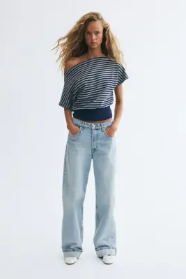 Boat-neck cotton top - Bleu foncé/rayé — photo 2
