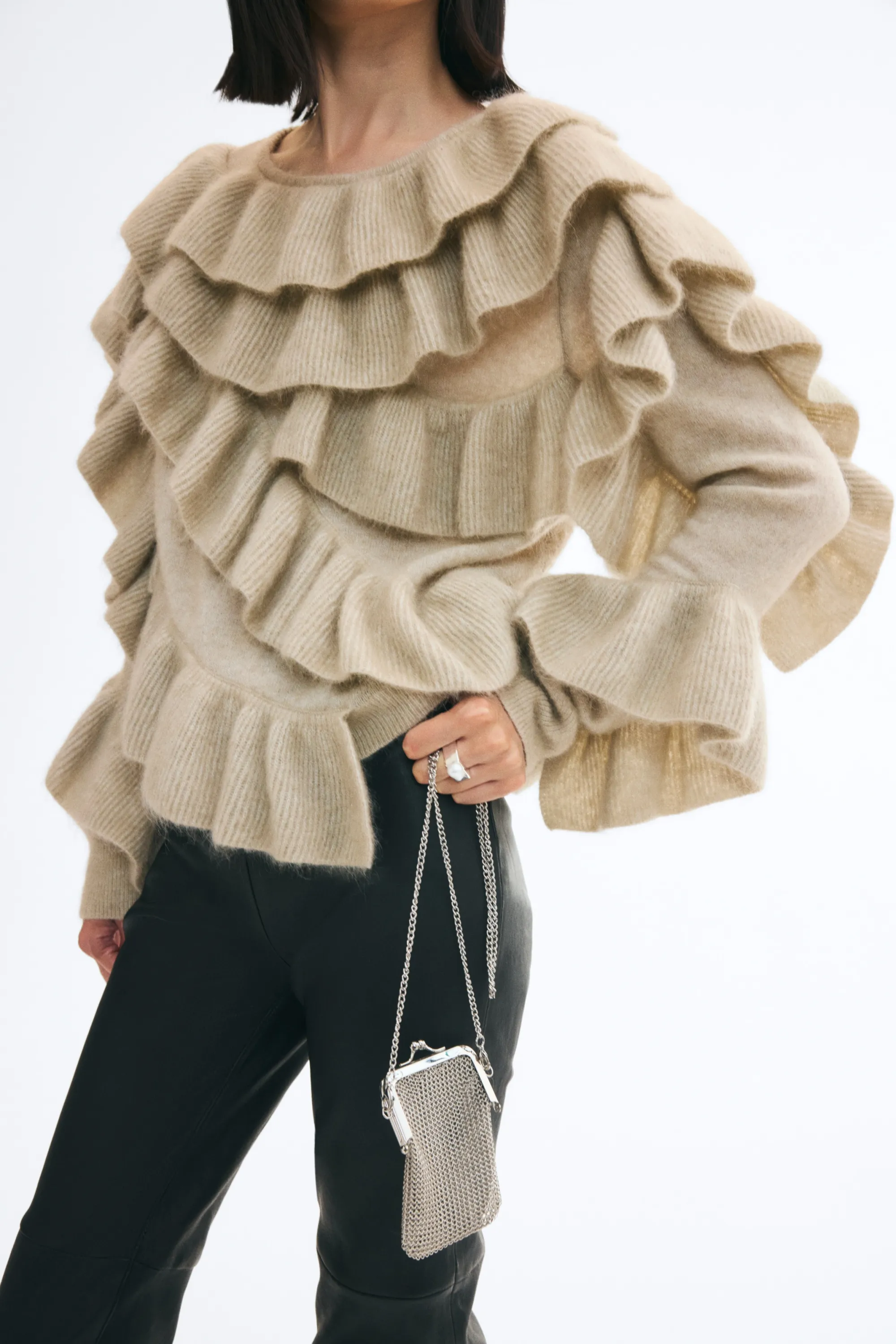 Pull volanté en mohair mélangé - Taupe clair