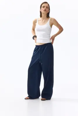 Pantalon paper bag à jambes larges - Bleu denim foncé — photo 3