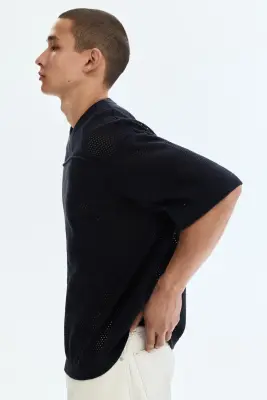 T-shirt boxy Relaxed Fit en maille ajourée - Bleu marine — photo 4