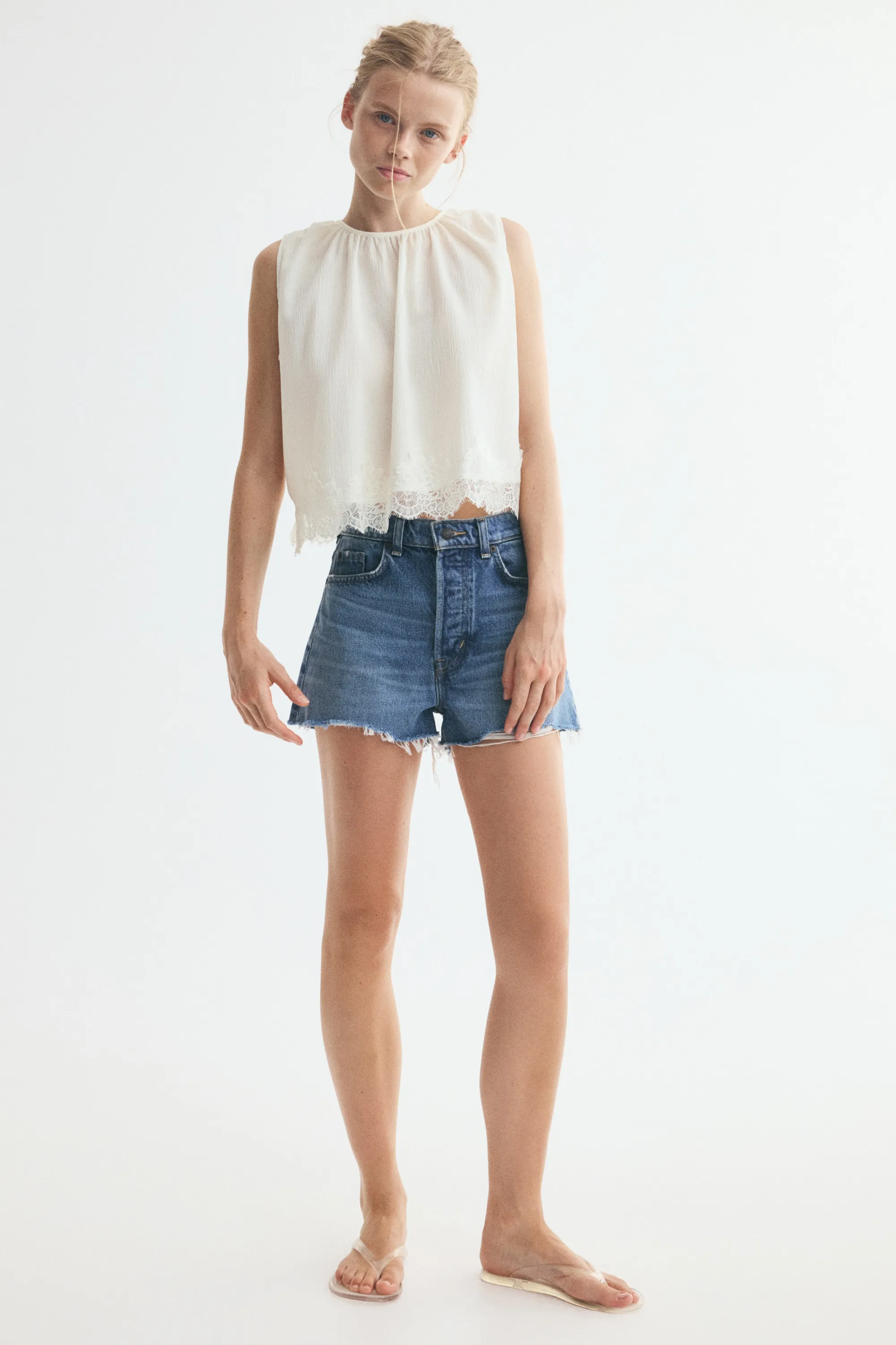 Top froissé avec dentelle - Blanc