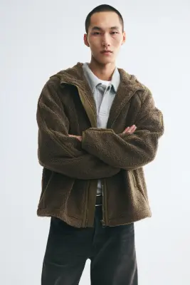 Veste à capuche en tissu Teddy bear - Vert kaki foncé — photo 1