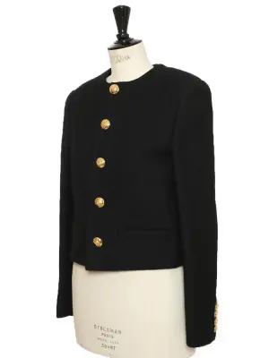 Veste courte en laine épaisse noire boutons laiton doré gravé Prix boutique €2800 Taille 38 — photo 4