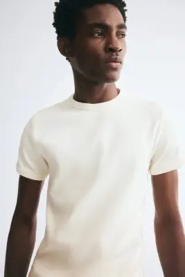 T-shirt côtelé Slim Fit - Crème — photo 4