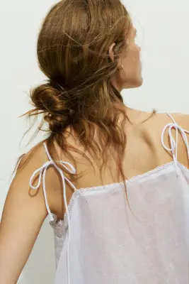 Top avec broderie anglaise et bretelles à nouer - Blanc — photo 3