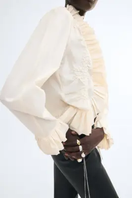 Blouse volantée en coton - Crème — photo 2