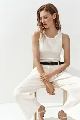 Chino en coton avec ceinture - Crème — photo 2