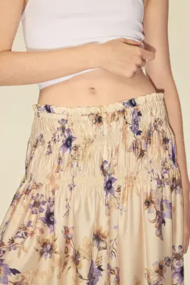 Jupe à taille smockée - Beige clair/fleuri — photo 1