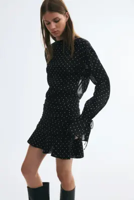 Robe plissée à encolure bateau - Noir/pois — photo 3