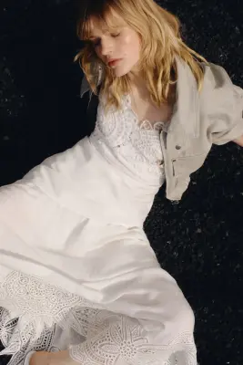 Jupe en lin mélangé avec broderie anglaise - Crème — photo 2
