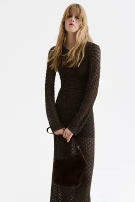Robe maxi en maille pointelle - Marron foncé — photo 2