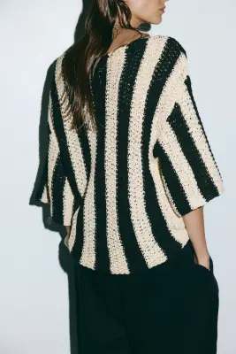 Top en maille avec encolure bateau - Crème/rayures noires — photo 3