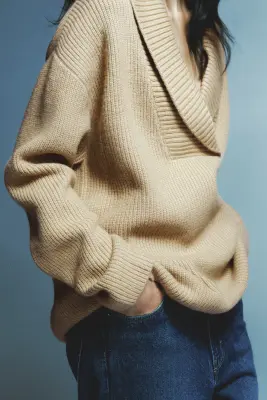 Pull en maille côtelée avec col châle - Beige — photo 1