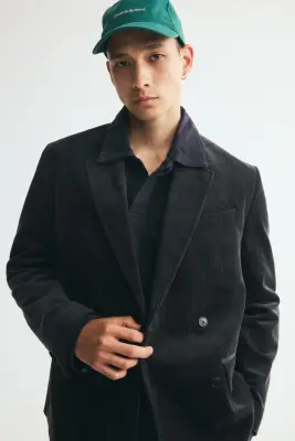 Veste croisée Relaxed Fit en velours côtelé - Gris foncé — photo 2