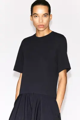 ROBE MIDI À TAILLE BASSE ET PANNEAU CONTRASTÉ - BLEU MARINE — photo 1