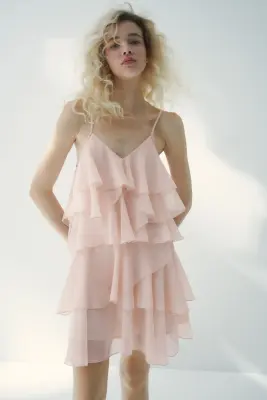 Robe en mousseline avec volants étagés - Rose clair — photo 2