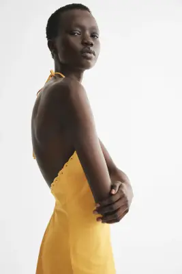 Robe dos nu avec broderie anglaise - Jaune — photo 2