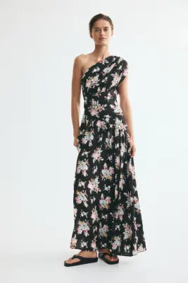 Robe asymétrique à effet drapé - Noir/fleuri — photo 1