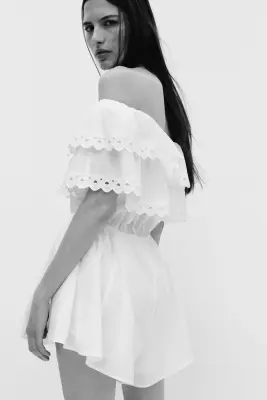 Combi-short épaules nues avec broderie anglaise - Blanc — photo 2