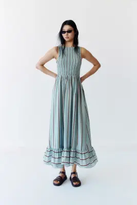 Robe avec corsage smocké - Turquoise ancien clair/rayé — photo 2