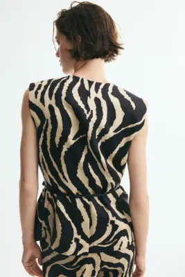 Gilet sans manches en lin mélangé avec ceinture - Noir/imprimé zèbre — photo 2