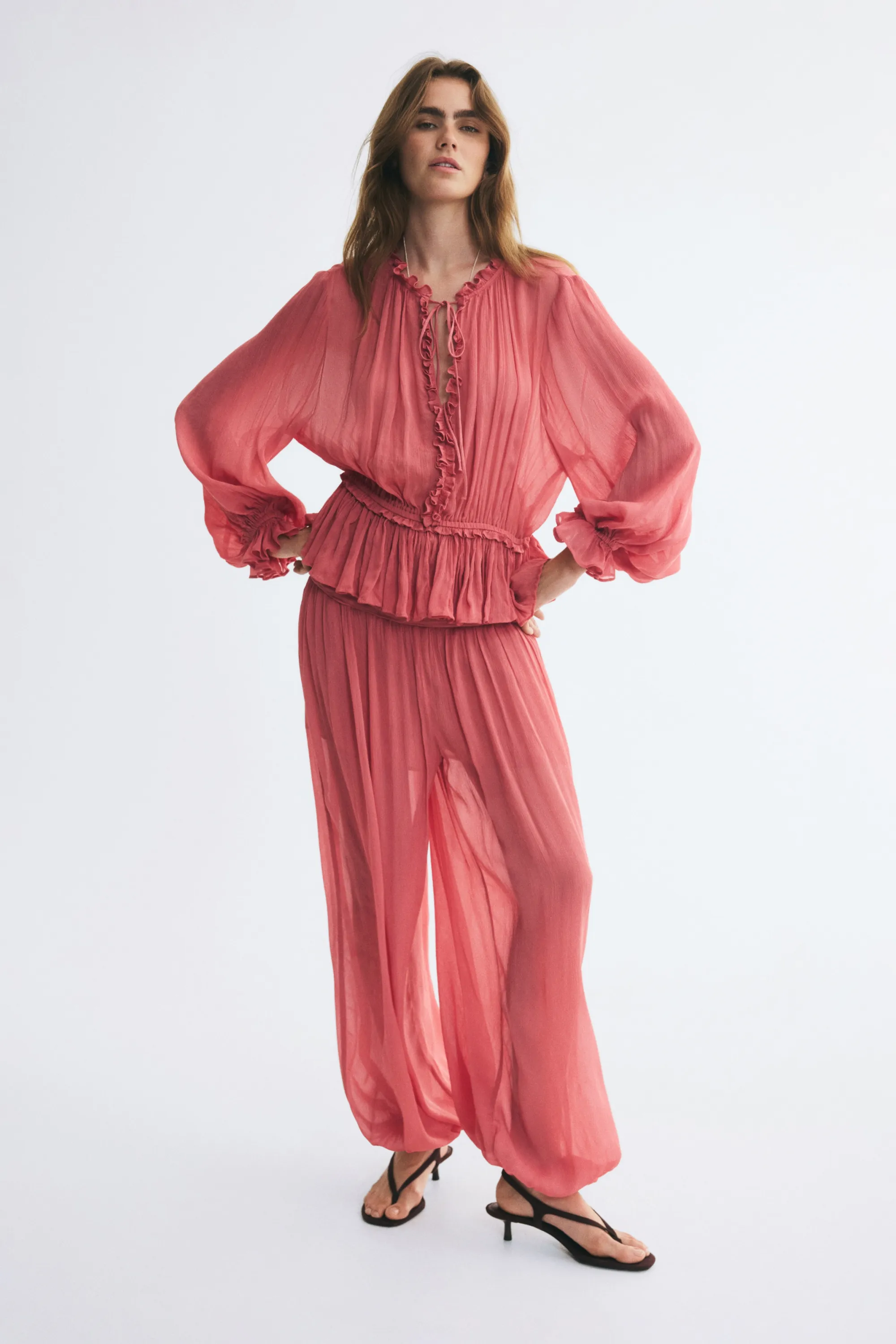 Blouse froissée en viscose - Rouge ancien clair