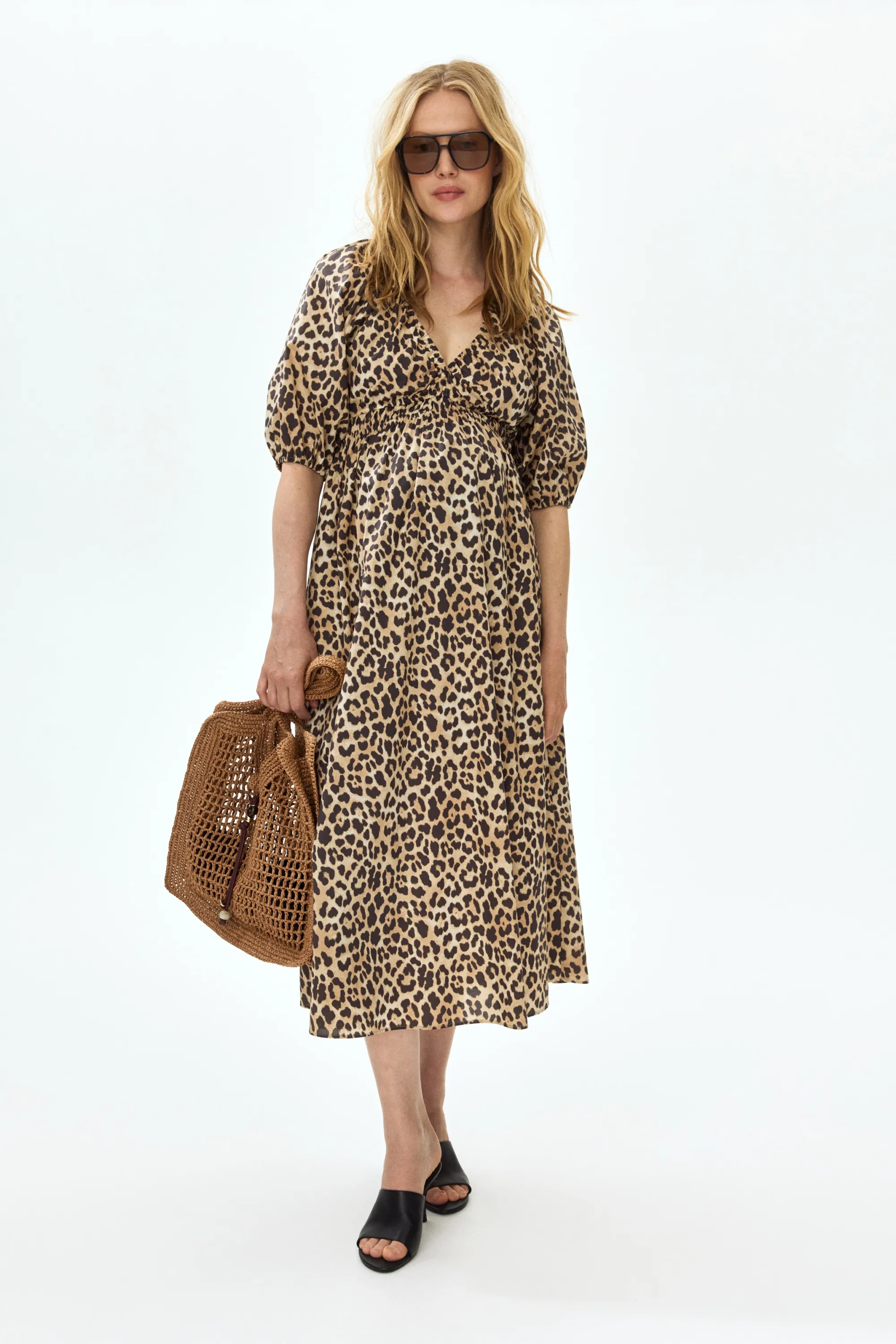 MAMA Robe midi à manches ballon - Beige clair/imprimé léopard