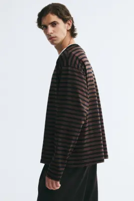 Relaxed Fit Boxy long-sleeved T-shirt - Marron foncé/rayé — photo 4