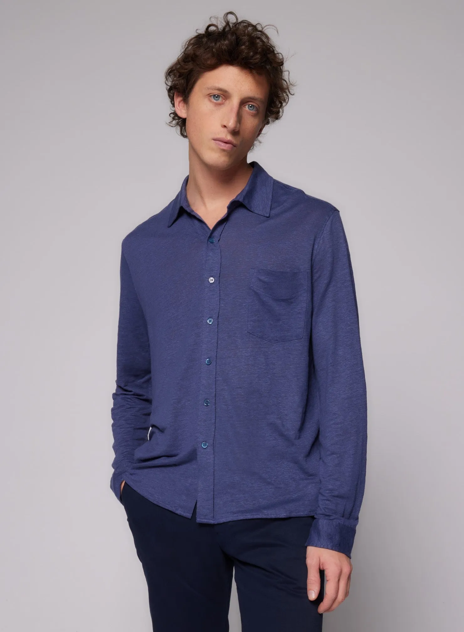 Chemise Venice blue Col Chemise Manches Longues en Lin / Elasthanne