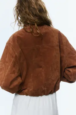 Veste oversize en cuir velours fendu - Marron — photo 3