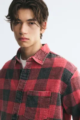 Chemise Relaxed Fit en coton - Rouge/carreaux — photo 1