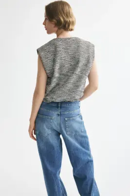 Gilet sans manches oversize en maille bouclette - Gris ancien chiné/crème — photo 3