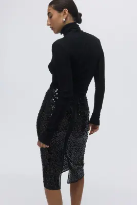 Jupe crayon à sequins - Noir — photo 1
