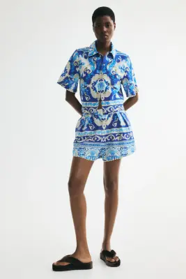 Short en lin mélangé à motif - Bleu/motif — photo 2