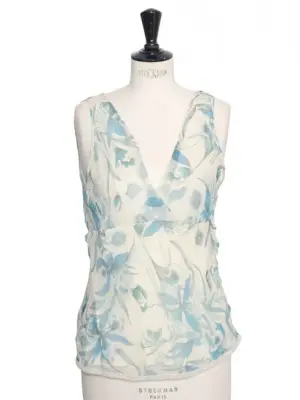Top à bretelles large décolleté V en mousseline de soie fleurie beige et turquoise Taille 38 — photo 1