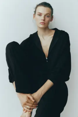 Veste à capuche zippée en viscose mélangée - Noir — photo 1