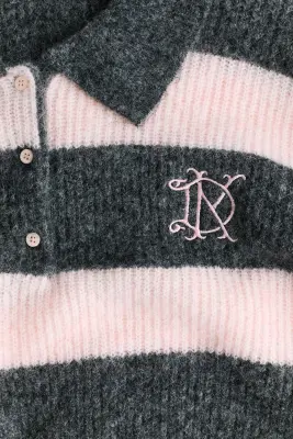 Pull façon polo en maille côtelée - Gris foncé/rose clair — photo 3